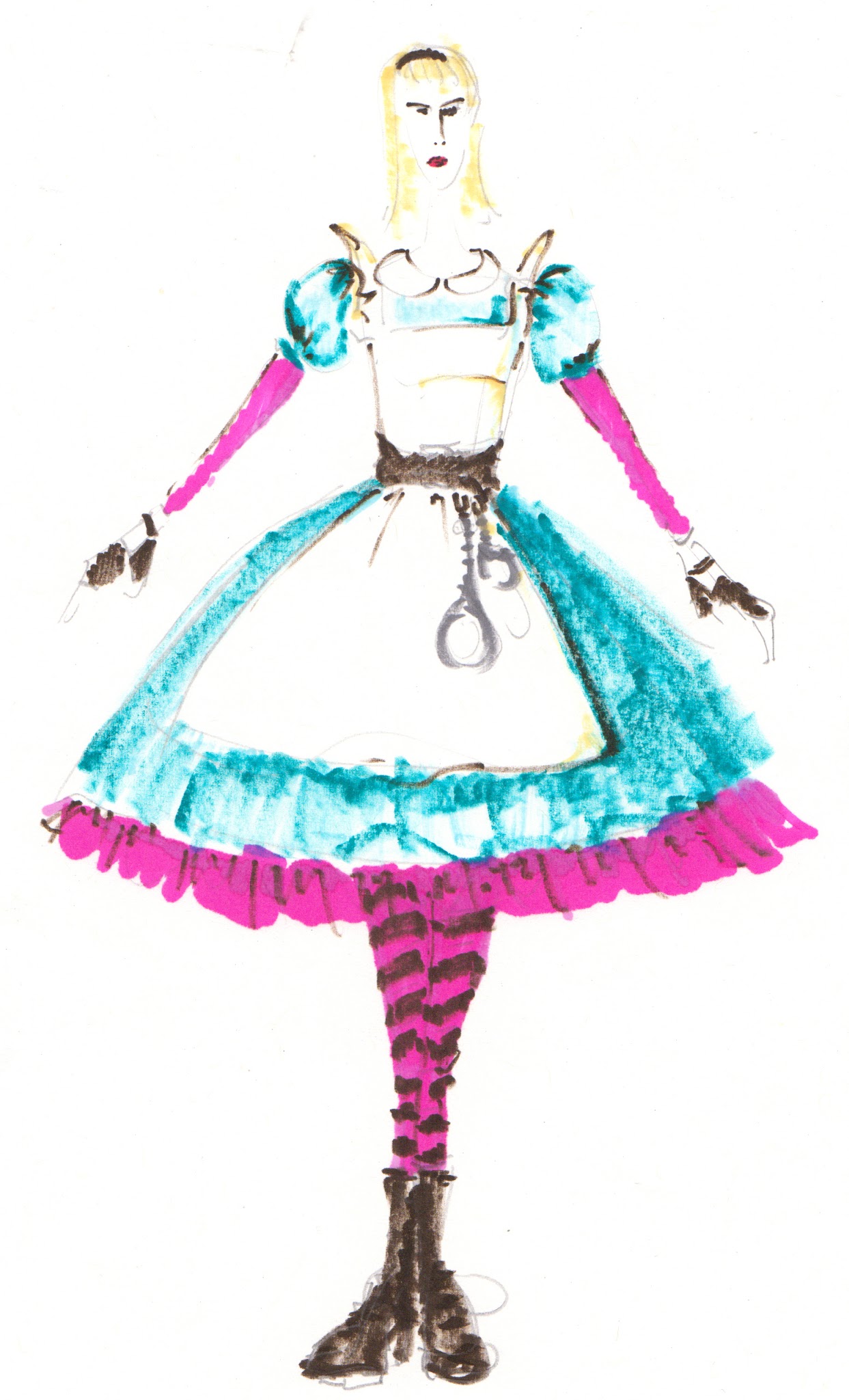 A fashion sketch of Alice of Wonderland: Cheshire Cat Hunter. Alice wears the traditional blue dress and white apron, but has added a magenta petticoat and magenta striped stockings, as well as a suite of black leather accessories.