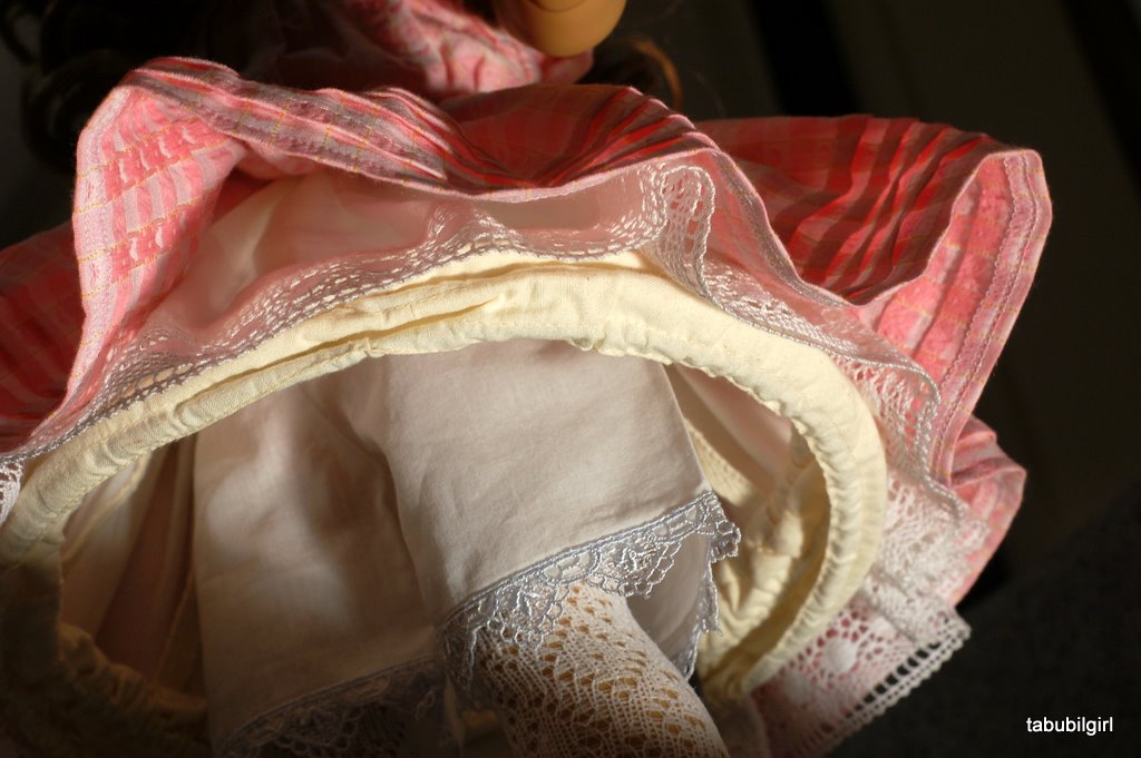 close-up of 1860s hoop petticoat and drawers on an American Girl doll