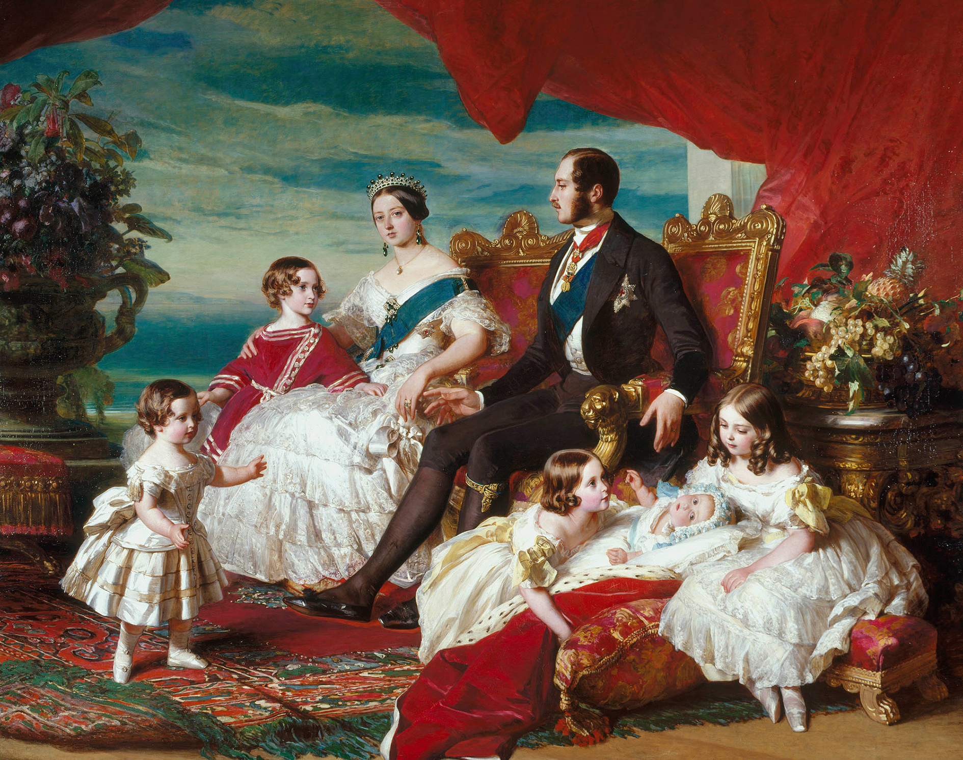 an 1846 portrait by Franz Xaver Winterhalter of Queen Victoria and her family. The girls are wearing white dresses with yellow bows and sashes.