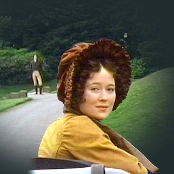 Elizabeth Bennet looks at the camera. She is wearing a brown spencer and a scrunchy brown bonnet,