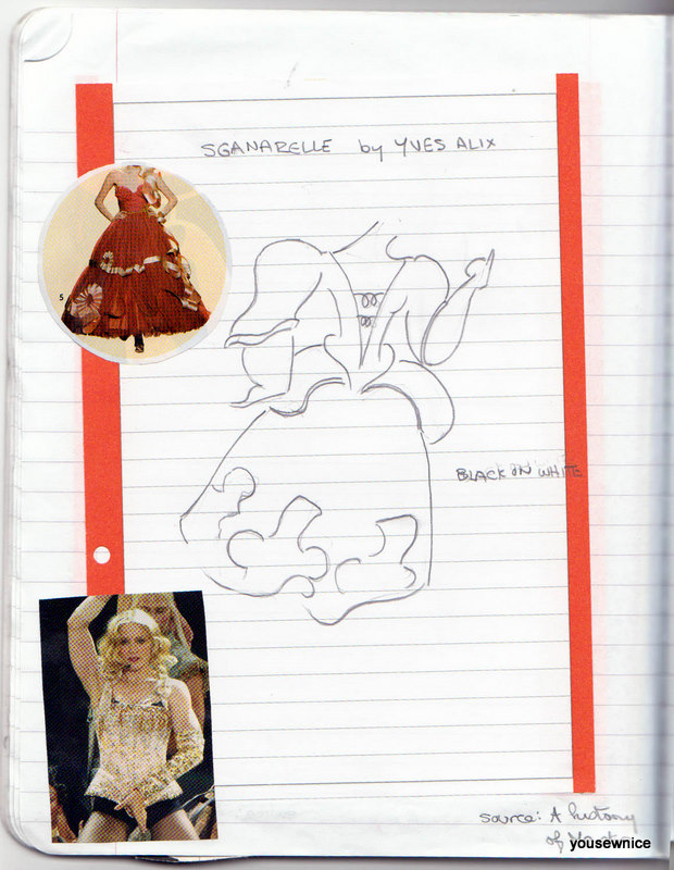 A hand-drawn sketch of a Comedia Dell'arte Scanarelle Costume