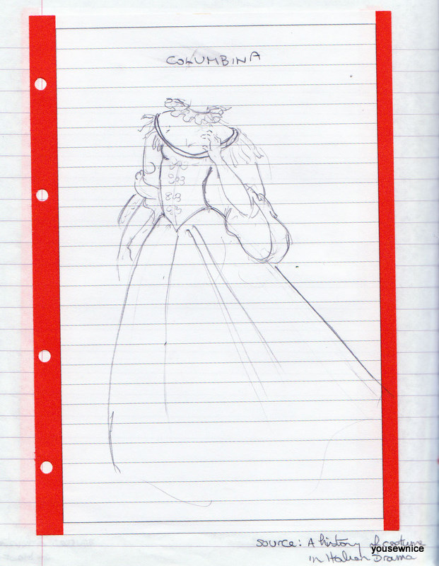 A hand-drawn sketch of a Comedia Dell'arte Columbina Costume