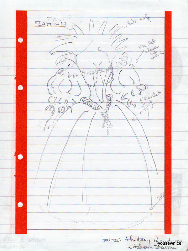 A hand-drawn sketch of a Comedia Dell'arte Flamina Costume