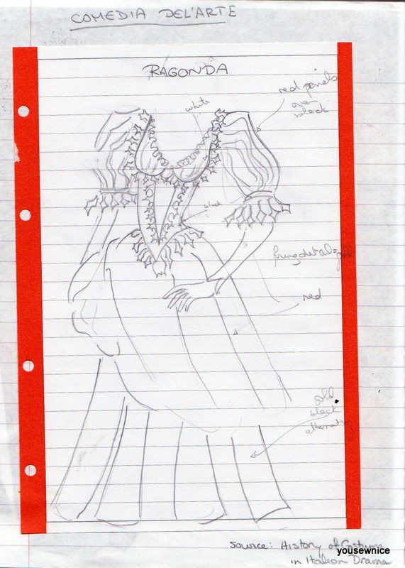 A hand-drawn sketch of a Comedia Dell'arte Ragonda Costume