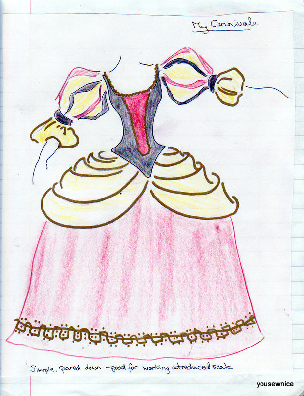 A hand-drawn sketch of a red black and gold costume for the Comedia Dell'arte 