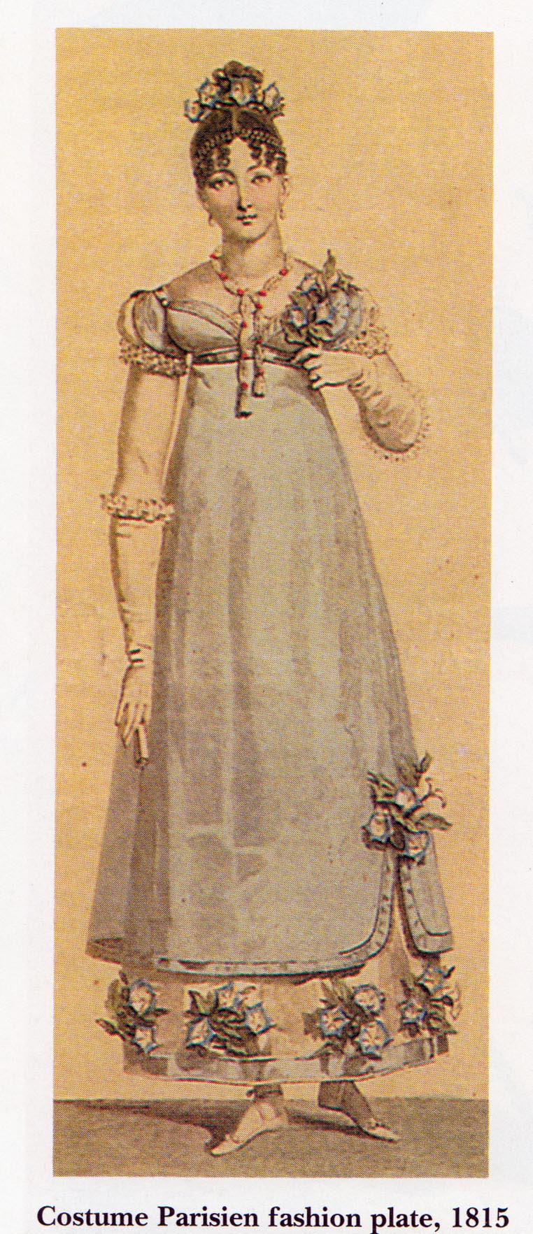 1815 Fashion plate showing a lavender regency ballgown with a white underpetticoat