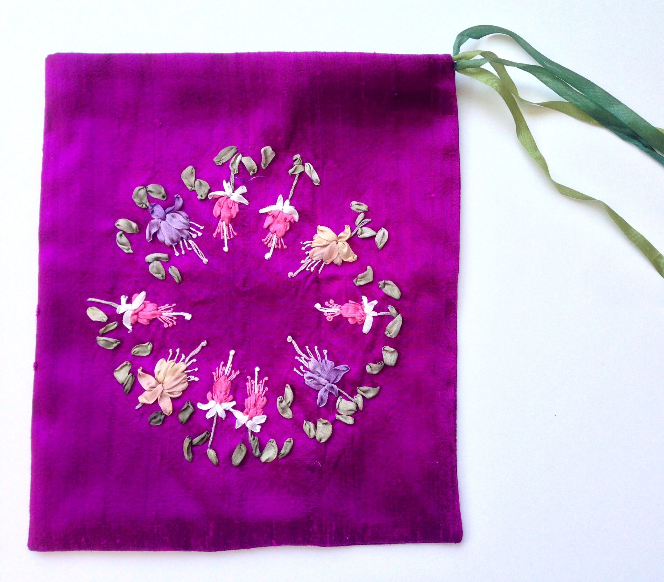 silk jewellery pouch sewn embroidered with silk ribbon fuchsias