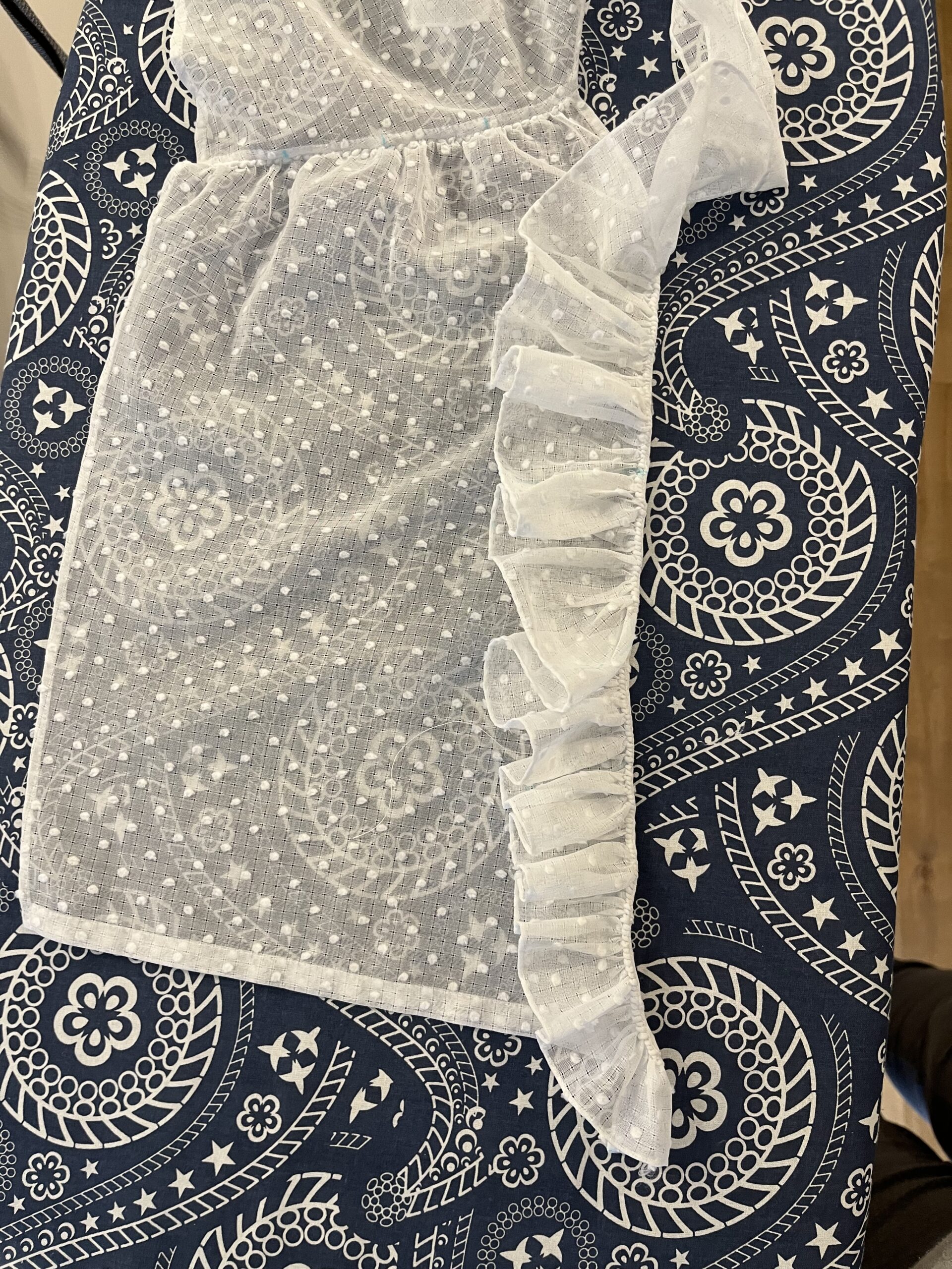 A 1790s ruffled chemisette in progress - half of the ruffle has been attached