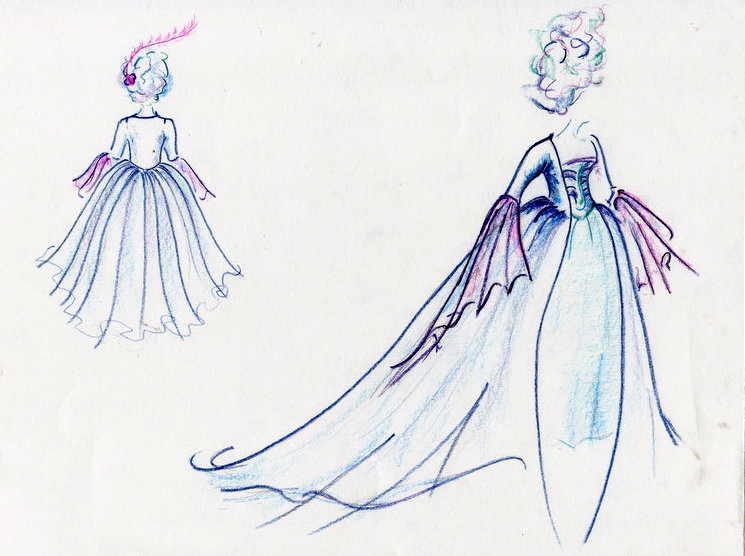 sketch design for a blue fantasy rococo dress