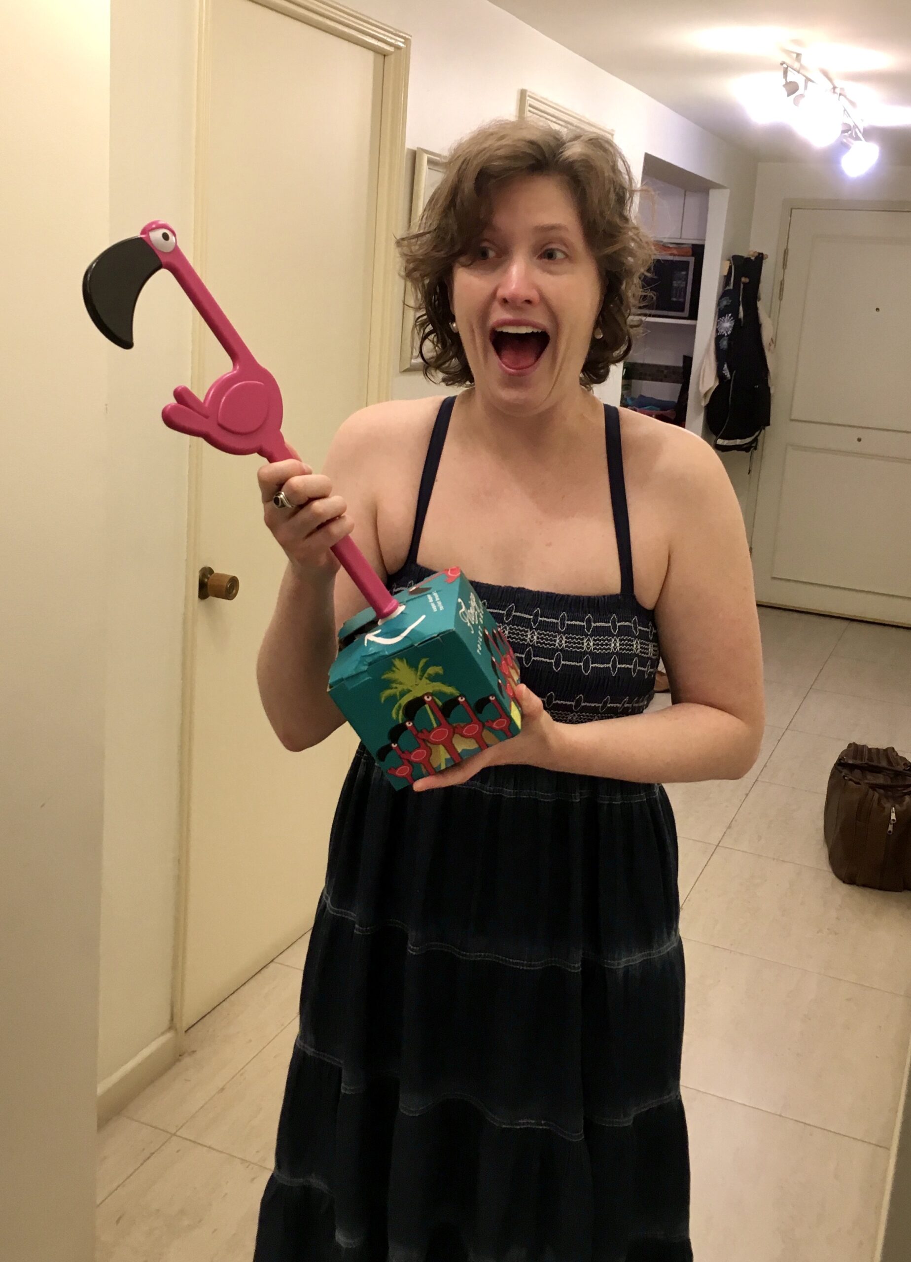 A woman in a denim sundress stands in a hallway. She is holding a toilet brush shaped like a neon pink plasti flamingo.  Her mouth is open in howl of absolute delight