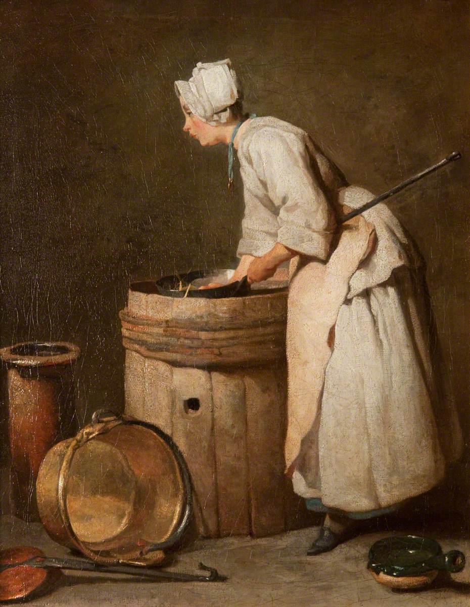 An oil painting - a woman in a short gown, petticoat and lappet cap bends over a barrel. She looks tired.