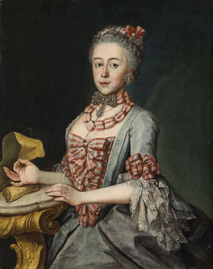 Portrait of a mid-18th century woman wearing a blue english gown. Her stomacher is set with pink ribbons.