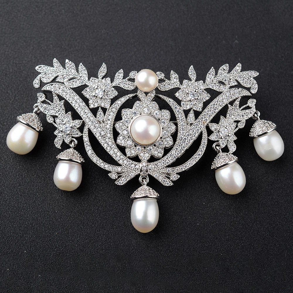 Pot metal brooch set with rhinestones and freshwater pearls, with dangling pearl acorns