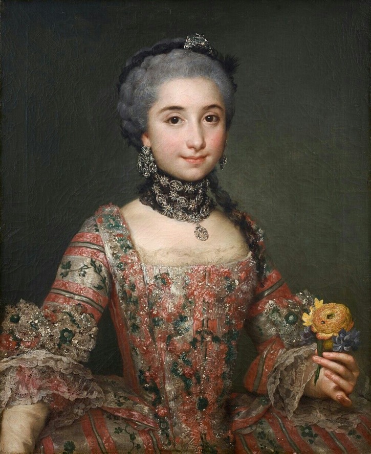 A portrait of an 18th Century Woman wearing a pink striped gown and matching stomacher. She holds a flower in her left hand.