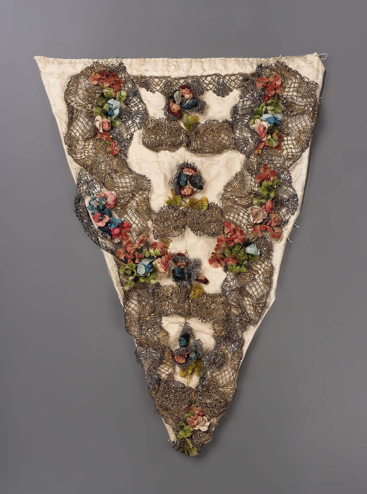 18th Century stomacher set with metallic lace and ribbon flowers